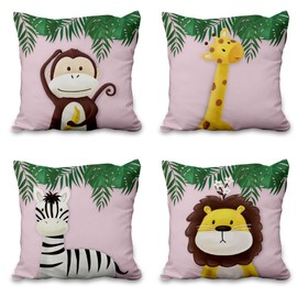 Aoihrraan 20 x 20 Inch Cute Cartoon Animal Cushion Covers Forest Monkey Giraffe Floral Plant Square Linen Light Pink Decorative Throw Pillow Cover Kid Sofa Baby Children Bedroom, 51x51cm Sets of 4