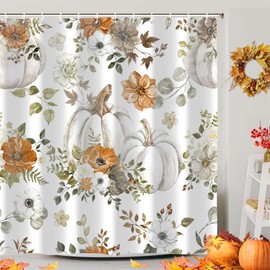 Pumpkin Shower Curtain with Elegant Boho Floral, Fall Autumn Farmhouse Flower Pumpkin Decorative Curtain Rustic Happy Thanksgiving Fabric Shower Curtain Fall Bathroom Decor Bathtub Accessories 72X72IN
