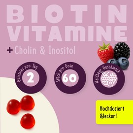 Gumtamin Gumtamin Haar Gummib?rchen C 60 vegane Biotin Gummies, Cholin, Inositol, Zink & B-Vitaminen C fruchtiger Geschmack, ohne Gelatine & Zuckerzusatz C Vitamin Gummib?rchen fr Haut Haare N?gel