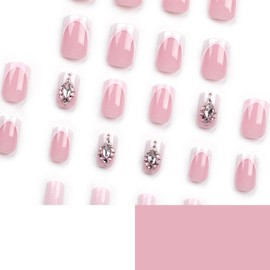 Cute Medium Short Square Press on Nails 24Pcs False Fake Nails Simple with Nude White 3D Rhinestones Design French Tip Full Cover Thick Glossy Acrylic Glue on Nails Stick on Nails for Women JP3062