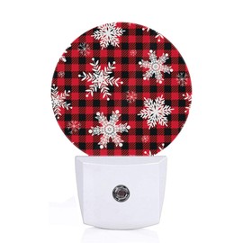 Axayaz Red Black Plaid Snowflake Night Light Plug Into Wall Snow On Christmas Buffalo Check Gingham Auto Sensor LED Dusk to Dawn Light for Bedroom Staircase