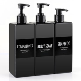 DEROANBOTT Set of 3 Shampoo and Conditioner Containers, Reusable Bathroom Body Wash Dispenser Set, Empty Plastic Shampoo Bottles Refillable Wall Mount with Pump for Shower Soap (Black)