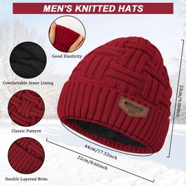Mens Winter Hats Scarf for Men with Touchscreen Gloves Warm Long Scaves and Skull Caps Beanie Hat Gloves Set, Wine red Hat Scarf Gloves Set