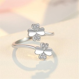 Dainty Four Leaf Clover Adjustable Open Ring Cute Silver Flower Statement Wrap Finger Band Rings Love Heart Shaped Leaves Eternity Jewelry (PLATINUM, One size)