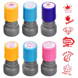 Emperoch 6 Pcs Self-Inking Teacher Stamp Set, Pre-Inked Colorful Motivational Encouraging Stamp, Round English Teacher's Stamp Reward Stamp Set for School Homework Encouraging Motivational (A)