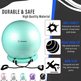 NEUMEE Exercise Ball Chair with Resistance Bands, Yoga Ball Office Chair with Stability Base for Home Gym, Workout Ball for Fitness, Large Size 65 cm (Teal)