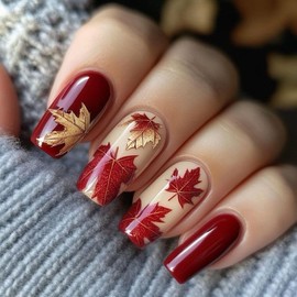 24Pcs Fall Press on Nails Medium Yellow Dark Red Fake Nails with Maple Leaves Designs Autumn False Nails Medium Length Acrylic Glue on Nails Full Cover Stick on Nail for Women Manicure Supplies