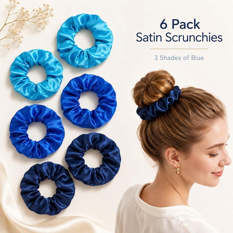 6-Pack Blue Satin Hair Scrunchies, Wide Pleated Design, Secure Hold