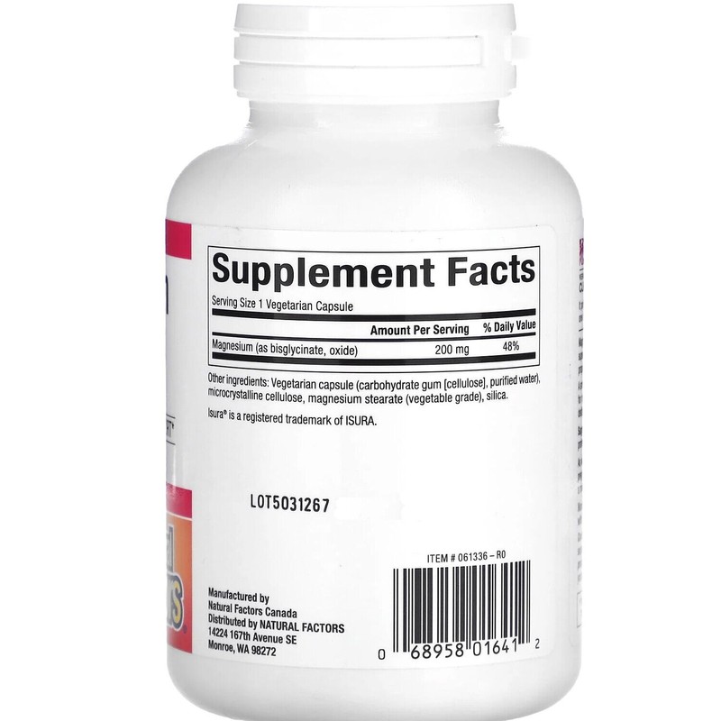 Natural Factors Magnesium Bisglycinate, 200mg, 120 Vegetarian Capsules