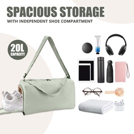 Small Gym Bag for Women with Shoes Compartment and Wet Pocket, Lightweight Travel Duffel Overnight Bags for Women & Men, Weekend Carry on Bag - Sport Yoga Dance(Light Green)