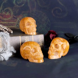 LEADGEM 3.0" Citrine Crystal Skull Figurine Healing Stones Carved Sugar Skull Head Sculpture Decor Day of The Dead Statue Ornaments Decorations