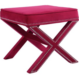 Meridian Furniture Nixon Collection Modern | Contemporary Velvet Upholstered Ottoman / Bench with X-Leg Design, Deep Button Tufting and a Solid Wood Frame Pink 20.5" W x 20.5" D x 19" H