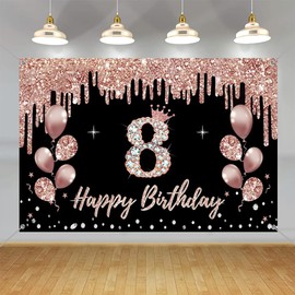 Tecreo 8th Birthday Decorations for Girls, Party Decoration Black and Rose Gold, 8th Birthday Fabric Sign Hanging Poster, 8th Birthday Background Banner Party Welcome Sign