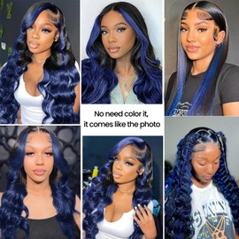 ALHER Black Mix Midnight Blue Highlight Bundle Human Hair Body Wave, 10A Soft Thick Single Wavy Bundle, 100% Remy Hair Highlight Two Tone Subtle Colored Weft Wavy (#1B/Blue, 8 Inch)