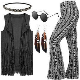 Leumoi 5 Pcs 60s 70s Costume for Women Disco Outfits Hippie Accessories Fringe Vest Boho Flared Pants Set for Carnival(Medium,Classic)