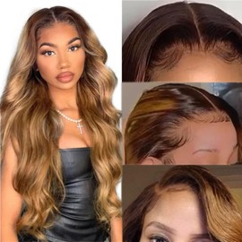 13x6 Lace Frontal Wigs Pre Plucked 24” Deep Parting Ombre Lace Front Wig Human Hair Colored Brown to Honey Blonde 13x6 HD Lace Front Wigs Human Hair Skin Melted Hairline Lace Front Wig with Baby Hair