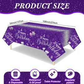 Tudomro 3 Pcs Happy Birthday Tablecloths Happy Birthday Party Decorations Plastic Table Cover Rectangular Cloths for Women Men Baby Shower Party Supplies, 108 x 54 Inch (Purple Silver)