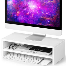 BEYGORM White Monitor Stand Riser for Desk,2 Tiers Wood Desk Shelf Computer Screen Stand with Storage for Desktop Laptop/Screen/TV/PC/Printer,Multifunctional Desktop Organizer 16.5 x 7.8 x 5.2 inch