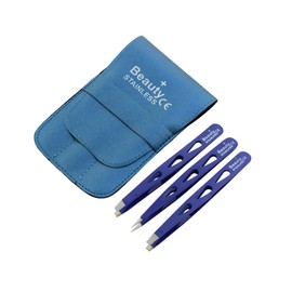 Beauty+ Precision Tweezers Set – Pack of 3 Tweezers with Handy Carry Pouch, Stainless Steel Tweezer Set with Light Weight Handle, Splinter Hair and Facial Hair Remover Set (D Blue Leaf)