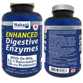 Naka Platinum Enhanced Digestive Enzymes, With Ox Bile, 11 X Pancreatin + 1B CFU Probiotics, SHELF STABLE/DAIRY FREE, Made in Canada (210 DR vcaps)