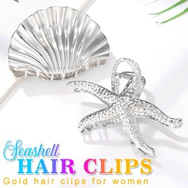CAKURE Starfish Hair Claw Clips Seashell Hair Clip Large Claw Clips Gold Hair Accessories for Women (Pack of 2) (b-silver)