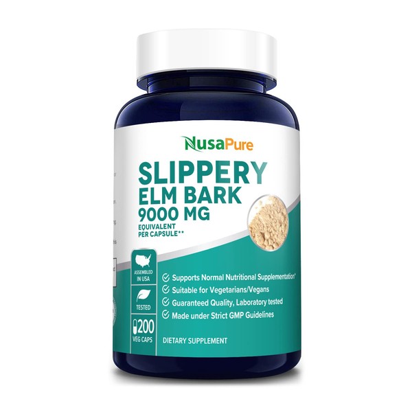 NusaPure Slippery Elm Bark Extract 9000 mg 200 Veggie Capsules (Extract 20:1, Non-GMO & Gluten Free)