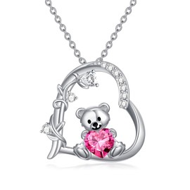 enjoylifecreative Teddy Bear Necklace for Women 925 Sterling Silver Bear Birthstone Pendant Chains Birthday Valentine's Day Teddy Bear Jewellery Gifts for Women Girls, Sterling Silver, No Gemstone