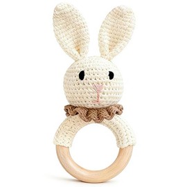 Baby Rattle Toys, Handcrafted Crochet Bunny Rattles with Wooden Teething Ring, Organic Newborn Toy Crochet Stuffed Animal Rattle Baby Announcement Ideas, Beige
