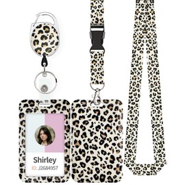 Pawfly Fashionable Sliding ID Badge Holder Leopard Print Plastic Card Holder with Retractable Badge Reel Carabiner Detachable Lanyard Vertical Card Protector for Office Worker Nurse Teacher Student