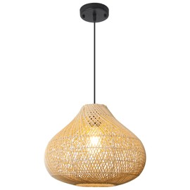 LynPon Rattan Pendant Light, Large Boho Light Fixture for Kitchen Island, Black & Natural Hand Woven Coastal Wicker Chandelier Modern Hanging Light Fixtures for Dining Living Room Foyer Entryway