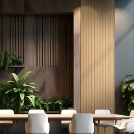 OUZUGIE WPC Acoustic Slat Wall Paneling, 8-Pack 114 x 6 Inches 3D Wall Panels for Interior Wall Decor,Living Room,TV Background,Study Room,Office Spaces,Bedroom,Low Grille (Oak)