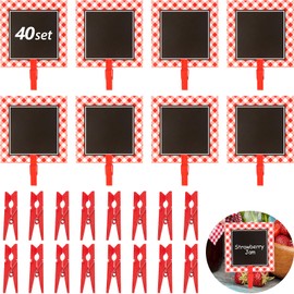 Outus 40 Pieces Mini Chalkboard Signs 3" Red Gingham Picnic Wooden Clips