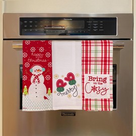 Holiday Christmas Kitchen Bath Dish Hand Towels: Bring on The Cozy 3 Pc Flat Weave Design, Red White, 100% Cotton 15" x 25" for Hands, Dishes or Home Decor
