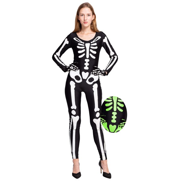Spooktacular Creations Skeleton Glow In The Dark Bodysuit Halloween Costumes for Women with Skeleton Gloves (Medium)