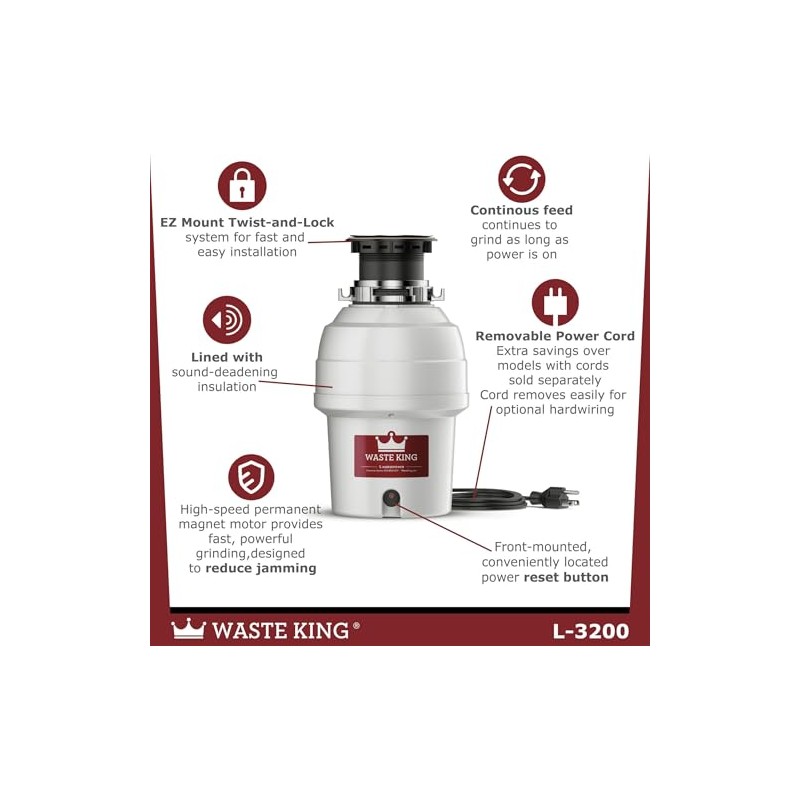 Waste King Garbage Disposal for Kitchen Sink with Power Cord,