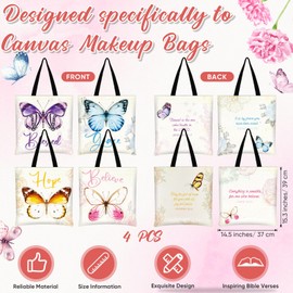 Aliceset 4 Pcs Christian Canvas Tote Bags for Women Flower Butterfly Aesthetic Shoulder Bags Inspiration Reusable Faith Bible Bag Christmas Christian Gifts for Teachers, Mom Beach Shopping, 4 Styles