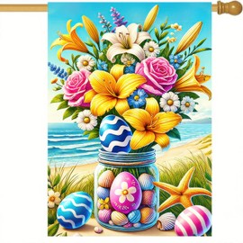 BlissYard Happy Easter Garden Flag 12x18 Inch Double Sided Coastal Floral Easter Egg Mason Jar Design Small Outdoor Yard Flag Spring Summer Beach Easter Decor for Porch Lawn Patio Garden