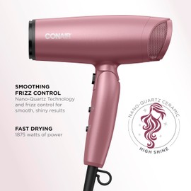 Conair Hair Dryer with Diffuser and Folding Handle, Travel Friendly Hair Dryer, Radiance Boost Blow Dryer for Less Frizz, More Shine, and Irresistibly Silky Hair, Includes Diffuser and Concentrator