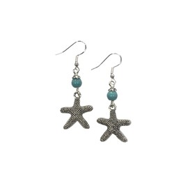 Starfish Charm Earrings with Turquoise Colored Stone Accent Beads on Sterling Silver Earwires, Beach, Nautical, Coastal, Sealife, Ocean