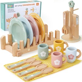 Toyssa Wooden Play Kitchen Accessories Montessori Toys for Toddlers 3-5, Play Dishes for Kids Kitchen with Realistic Dishes & Plates & Tableware, Christmas Birthday Gifts for 3 4 5 6 Years Girls Boys