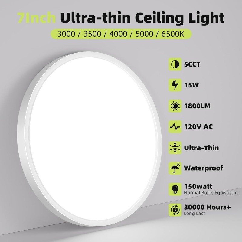 hepside Flush Mount Ceiling Light,15W 1800LM Ceiling Light Fixture,3000K/3500K/4000K/5000K/6500K Color
