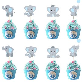 Morofme 48 piezas de decoración para cupcakes de elefante azul, doble cara, es un niño elefante palillos para cupcakes, decoración de elefante para elefante, cumpleaños, baby shower, suministros de fiesta de cacahuete