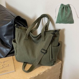 AYNKH Corduroy Tote Bag for Women, Multi Pockets Zipper Shoulder Bag Handbags for Picnic Holiday Shopping Travel Gym