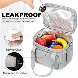 MAPLELILY Lunch Box for Men Women - Double Deck Insulated Lunch Bag, Large Leak Proof Tote Cooler, Wide Open Dual Compartment Lunch Bags with Shoulder Strap, For Work Picnic Hiking Beach, Grey