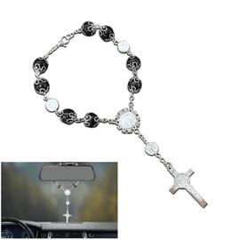 Piburth 1 PCS Car Rosary for Rearview, Cross Blessing Rear View Mirror Hanging Decors, Auto Rearview Mirror Rosary Pendant, Car Interior Hanging Accessories (Black)