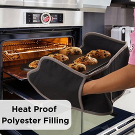 Muldale Professional Black Oven Gloves Double - Heavy Duty Aga Oven Gloves with Terry Towelling Interior and Thumb Grip