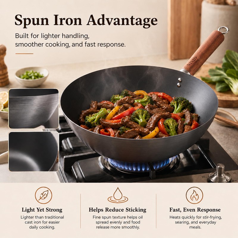 10.2-Inch Carbon Steel Wok Frying Pan with Lid, Flat Bottom