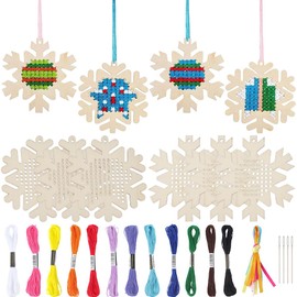 SUNNYCLUE DIY 10 Sets Holz Kreuzstich Sets Holz Schneeflocken Ornamente Weihnachten Holz Winter Schnee Hängende Dekorationen Holzornamente Kreuzstich Set Für Anfänger Starter Erwachsene Geschenke Feie