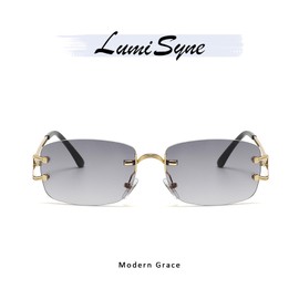 LumiSyne Women's Rectangular Rimless Sunglasses, Vintage Small Square Frame, Clear, Gradient Lens, UV400 Protection, Anti-Glare, Fashion, Date Glasses, For Travel, Driving, Vacations, grey shion green