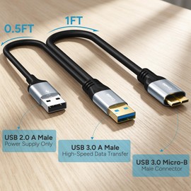 Conable Micro USB 3.0 to USB Splitter Cable 1FT, Micro-B 3.0 to Dual USB-A for Data and Extra Power, Micro USB 3.0 to USB A Y Cable, 5Gbps High Speed Data Transfer, Ideal for External Hard Drives